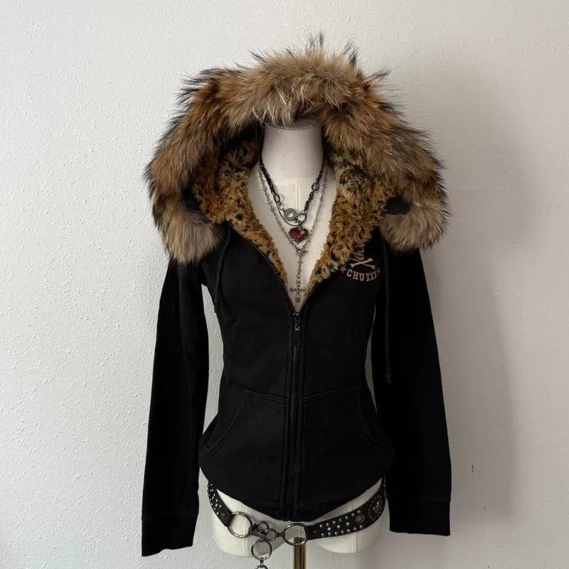 Chic Skull Embroidered Fur Coat
