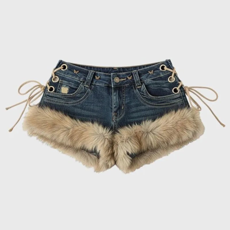 Chic Retro Fluffy Jeans Shorts